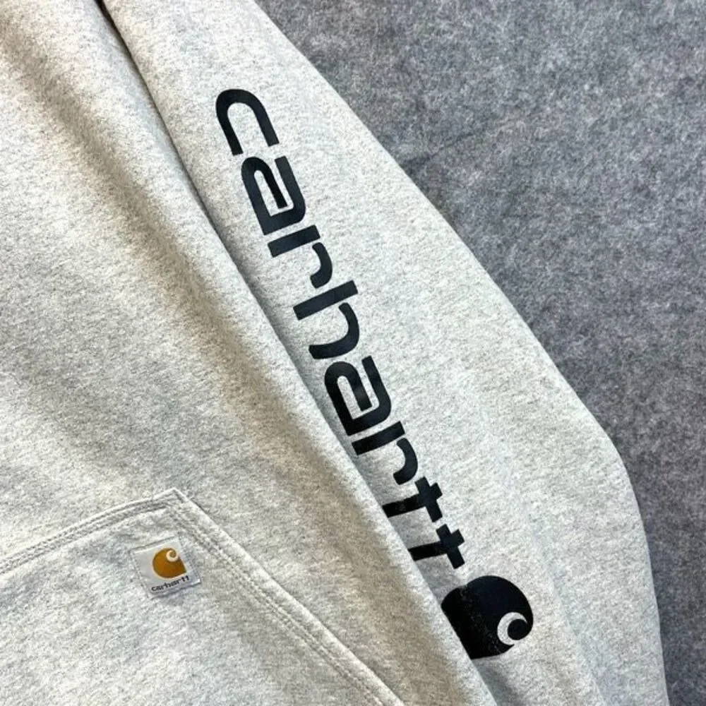 CARHARTT Men’s Hoodie Sweatshirt 3XL Heather Grey Logo Sleeve Loose Fit Pocket - Picture 4 of 14